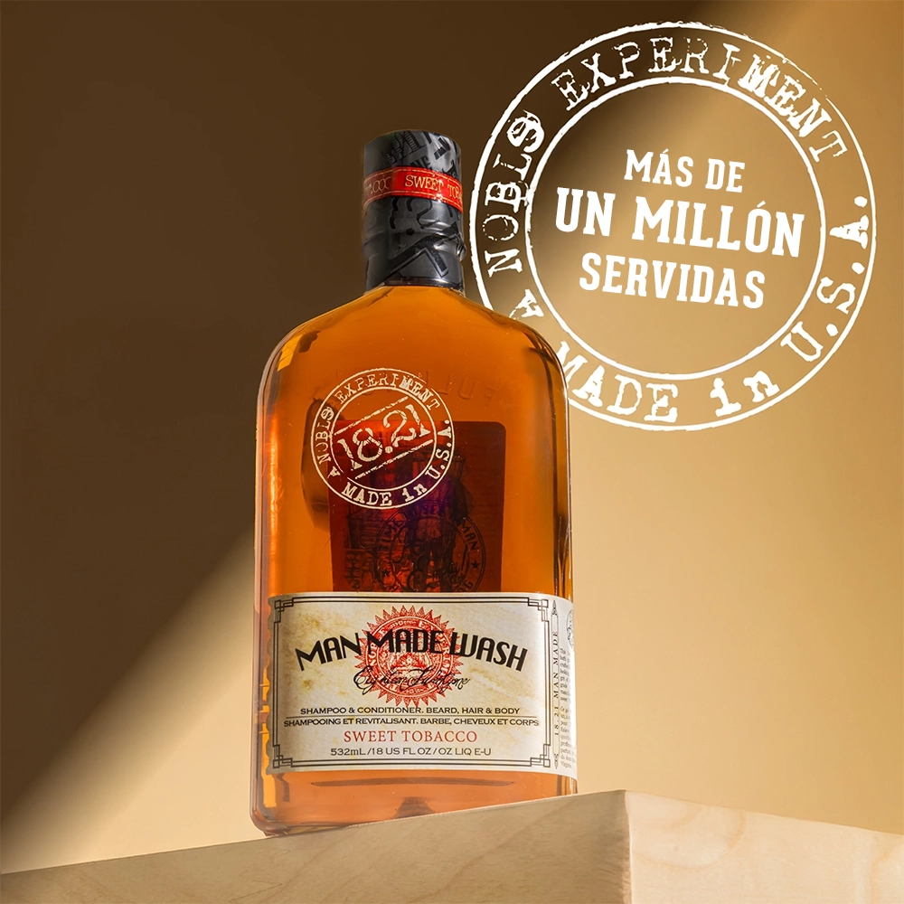 1821 Man Made, champú y gel de ducha con packaging whisky, bourbon. Mande in USA.